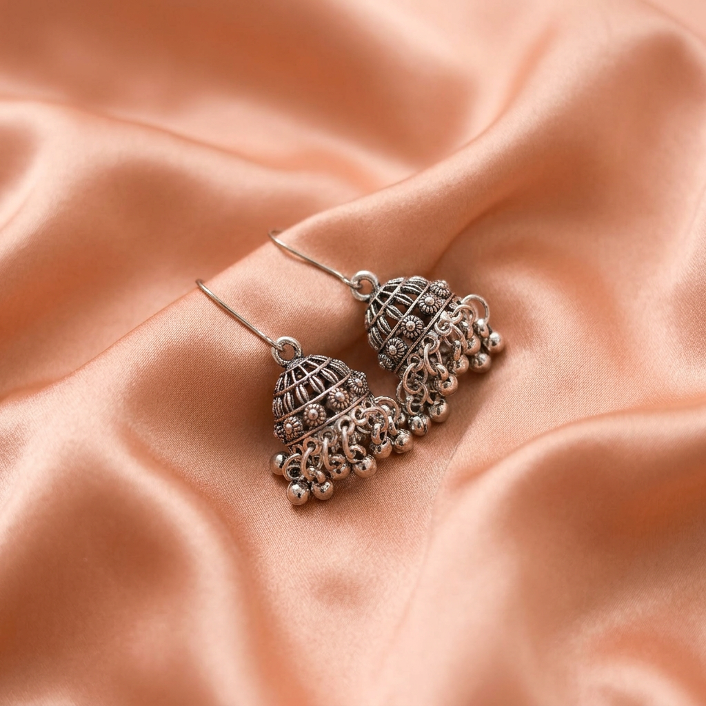 Oxidised Silver Jhumka Earrings – Traditional Drop Dangle Design