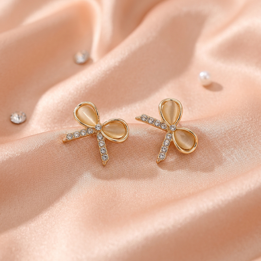 Gold Bow Crystal Stud Earrings – Elegant Minimal Designer Style
