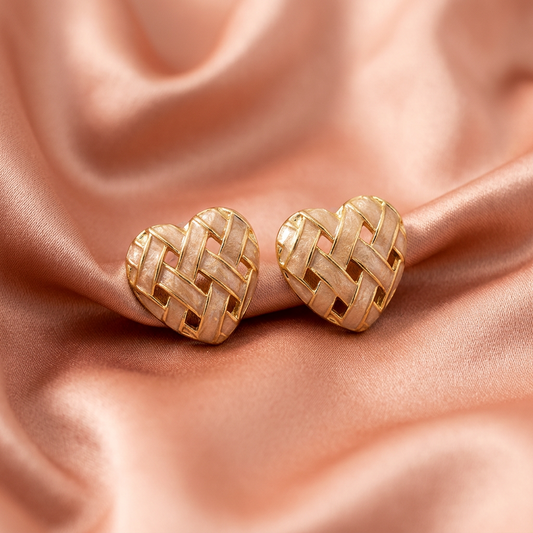 Gold Woven Heart Stud Earrings – Minimal Textured Design