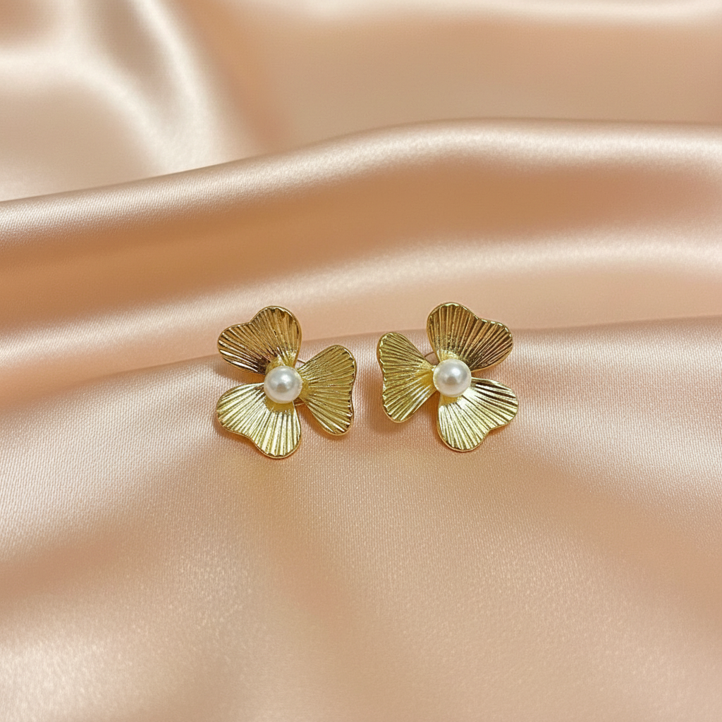 Gold Floral Pearl Stud Earrings – Elegant Korean Style Statement Jewelry