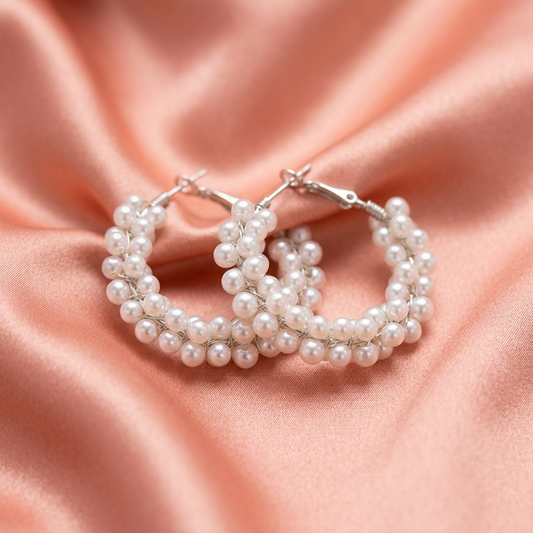 Beaded Pearl Hoop Earrings – Elegant Textured Statement Hoops