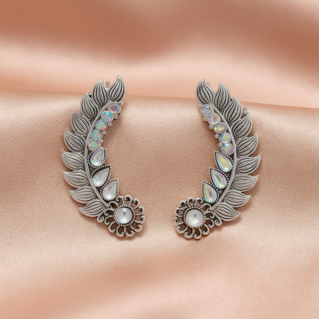 Silver Leaf Ear Cuff with Crystal Detailing – Statement Ear Wrap Earring
