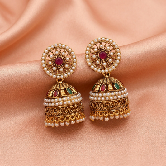 Traditional Pearl Kundan Jhumka Earrings – Antique Gold Finish- Stainless Steel