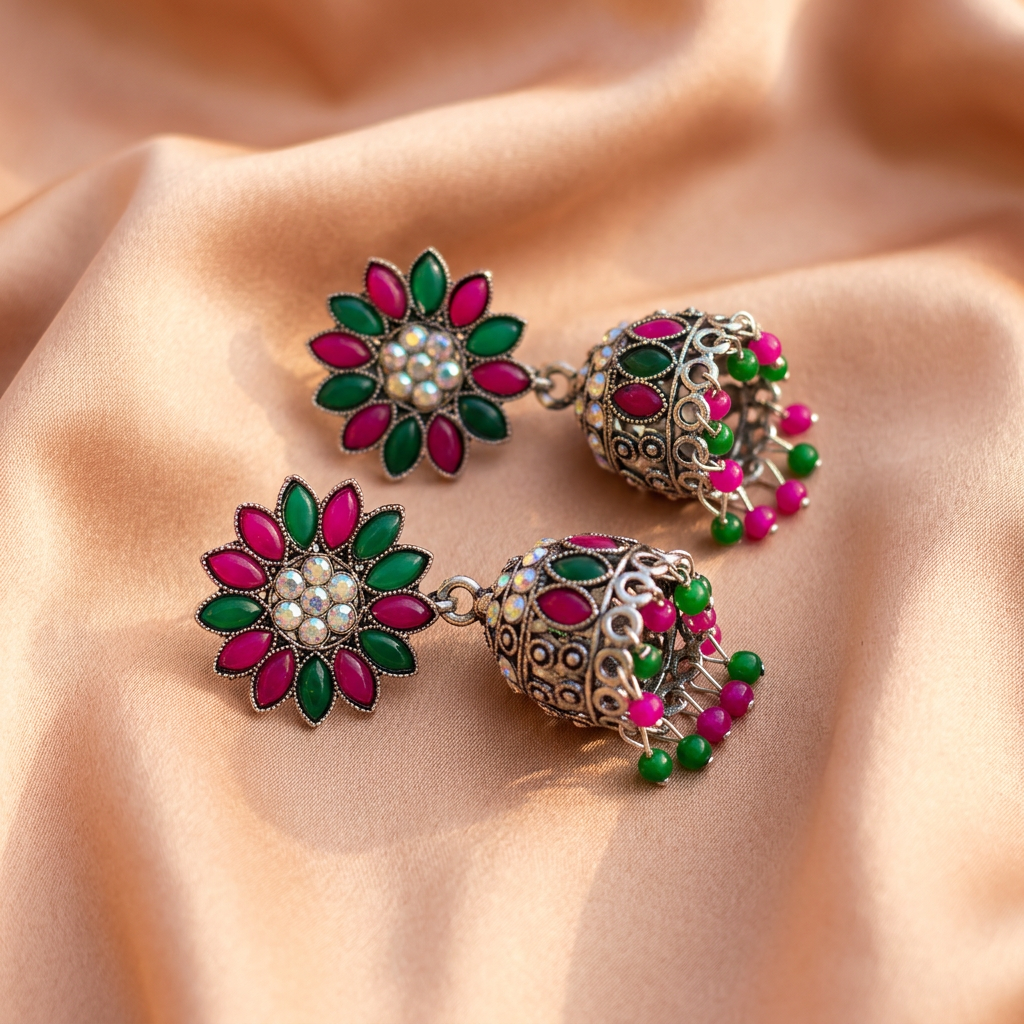 Floral Multicolor Jhumka Earrings – Oxidised Silver Statement Design- Stainless Steel