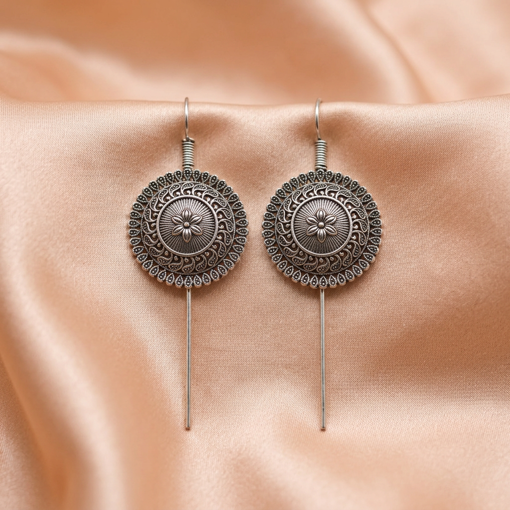 Oxidised Silver Tribal Ear Cuff Earrings with Circular Engraved Design