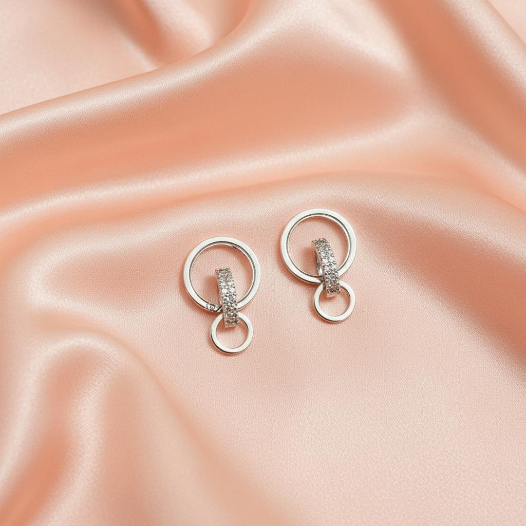 Minimal Crystal Link Earrings for Women – Modern Silver Statement Design- American Diamond