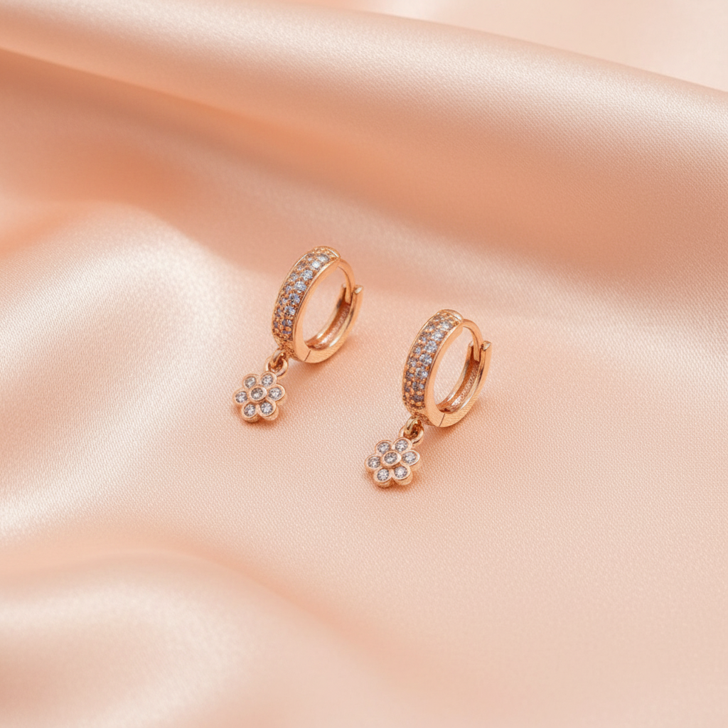 Crystal Huggie Earrings with Floral Charm for Women – Elegant Gold Drop Design- American Diamond
