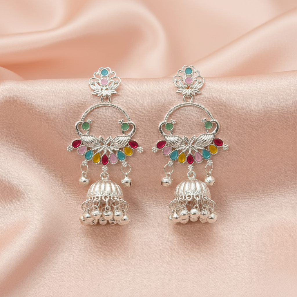 Silver-Tone Multicolor Peacock Jhumka Earrings-Stainless steel