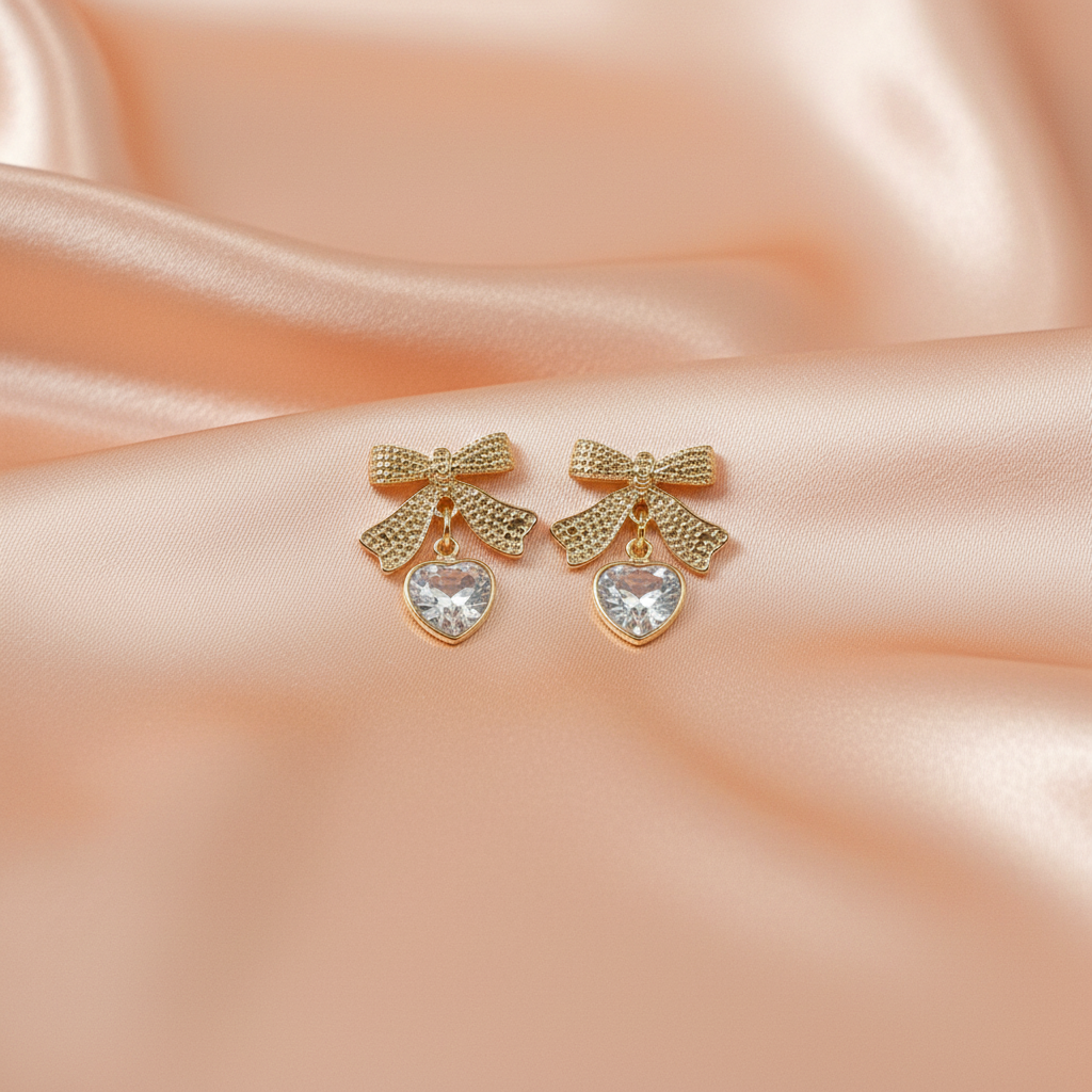 Elegant Bow Heart Drop Earrings for Women – Gold Finish