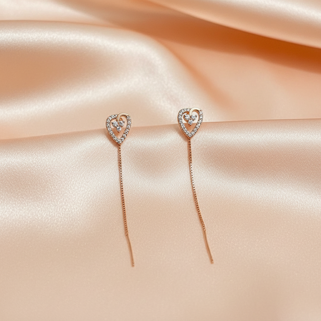 Heart Crystal Threader Earrings for Women – Elegant Long Chain Design- American Diamond