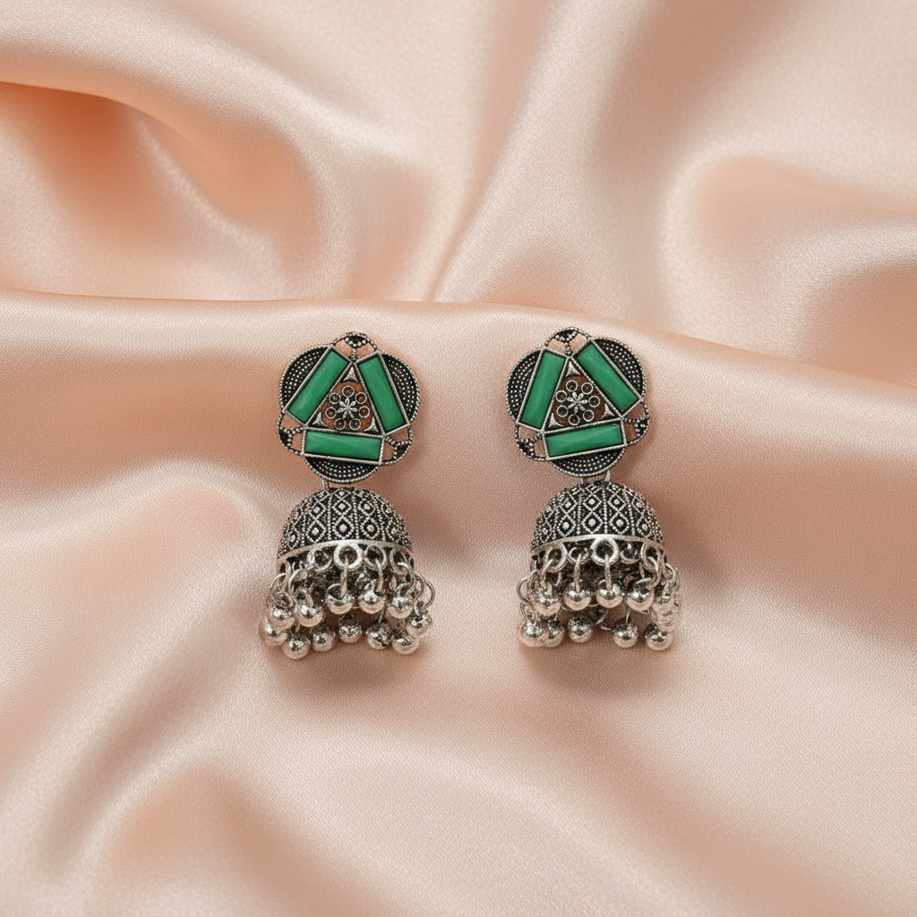 Oxidised Silver Jhumka Earrings with Stone Detailing