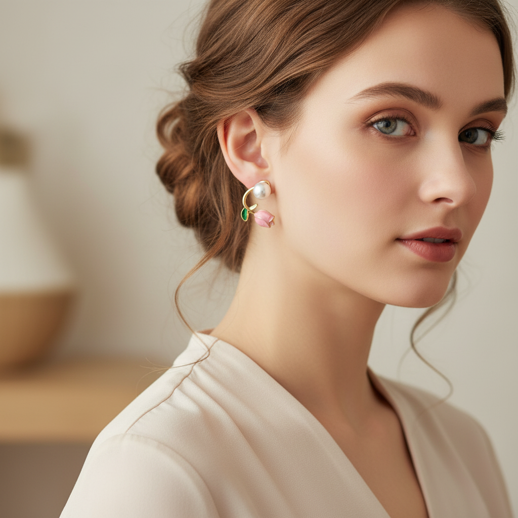 Elegant Pearl & Floral Stud Earrings Set – Gold Finish | BME