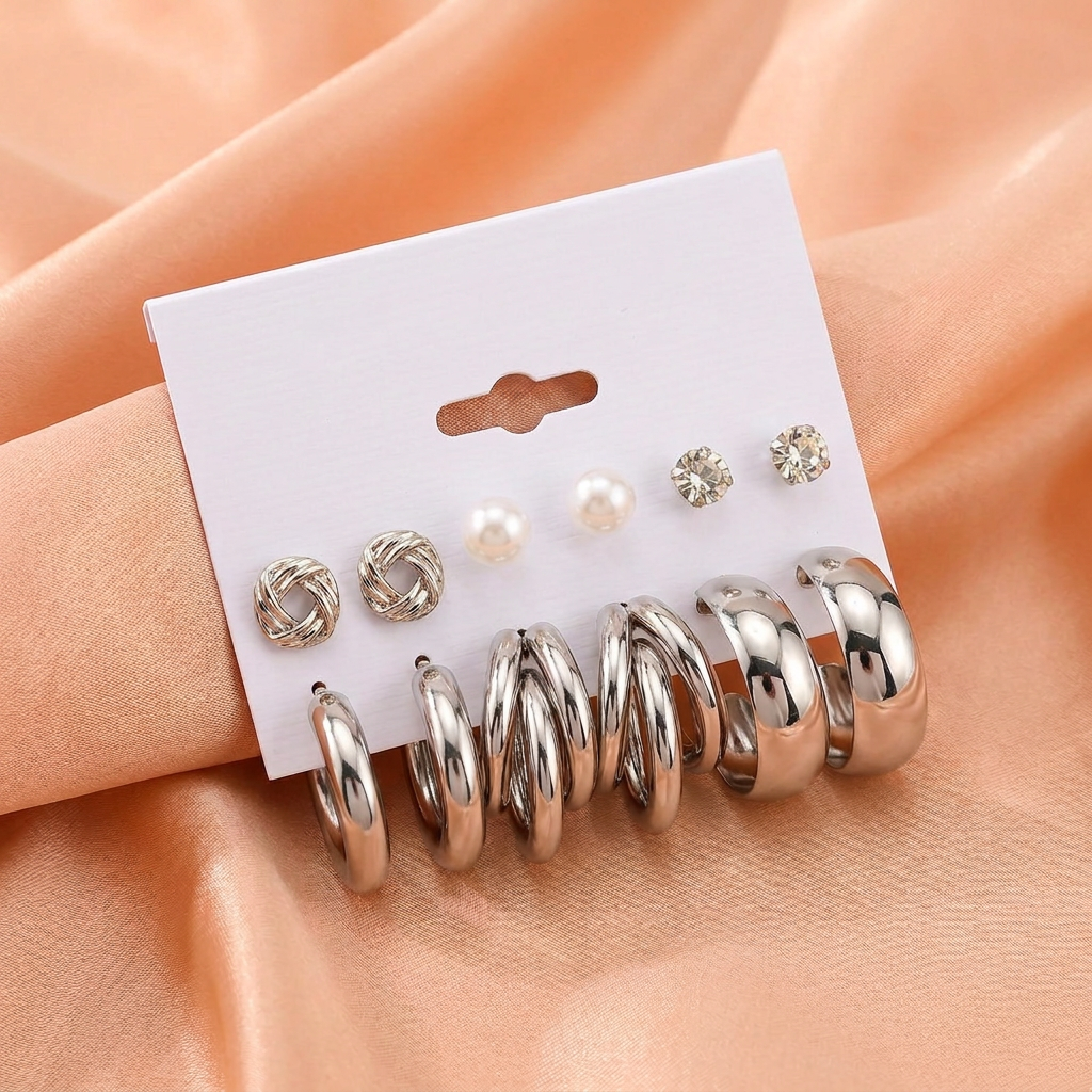 Silver Tone Hoop & Stud Earrings Combo Set (6 Pairs) – Pearl & Crystal Minimal Fashion Jewelry