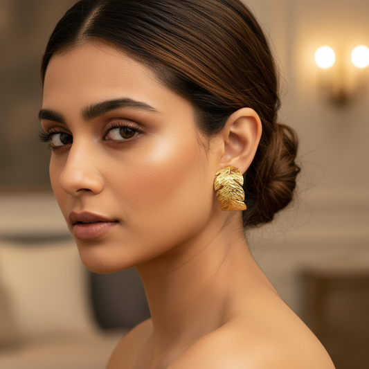 Gold Leaf Textured Statement Earrings – Stainless Steel Nature-Inspired Design- Stainless steel