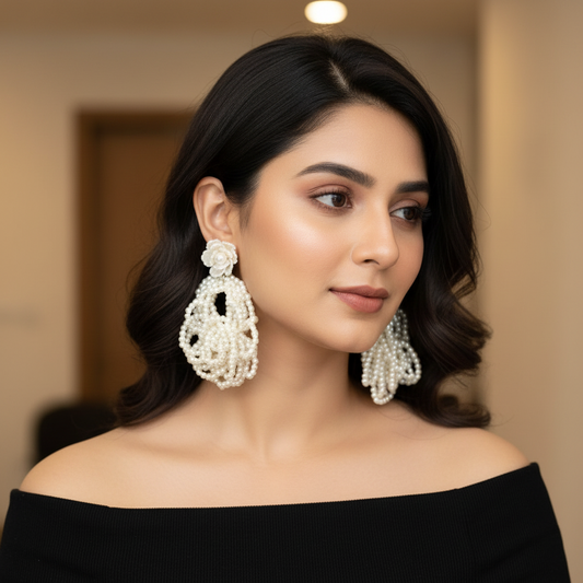 Elegant Pearl Floral Statement Earrings – Multi-Strand Beaded Drop