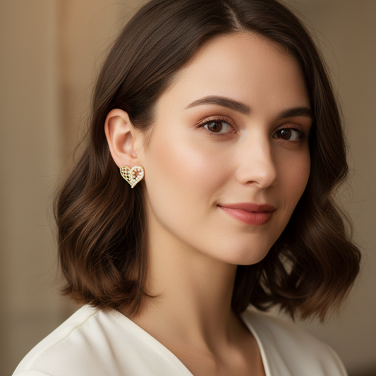 Luxury Heart Pearl & Crystal Stud Earrings – Gold Finish