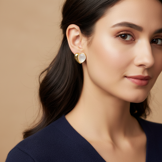 Minimalist Heart Pearl Stud Earrings – Gold Finish | BME