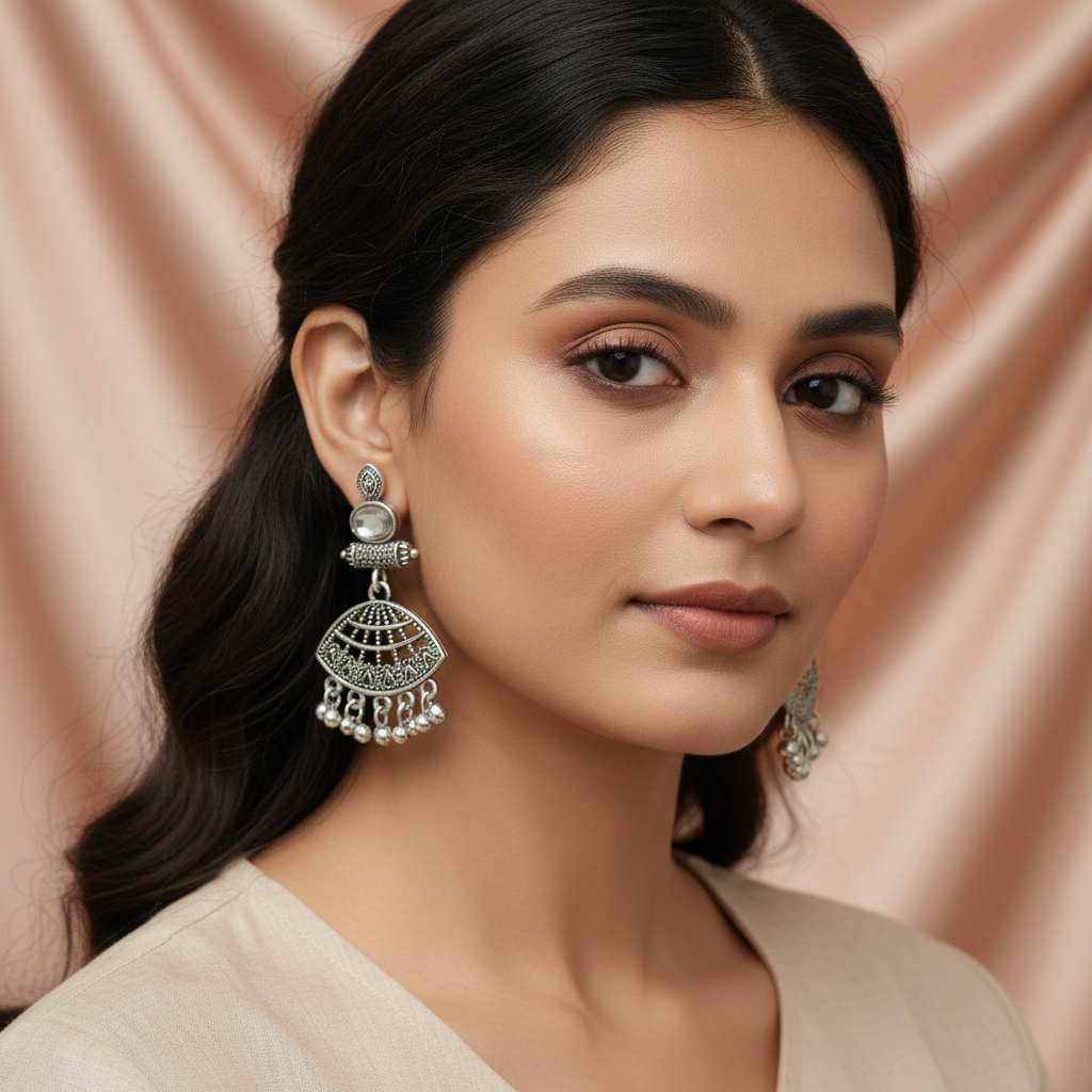 Oxidised Silver Fan-Shaped Statement Earrings with Stone Detailing