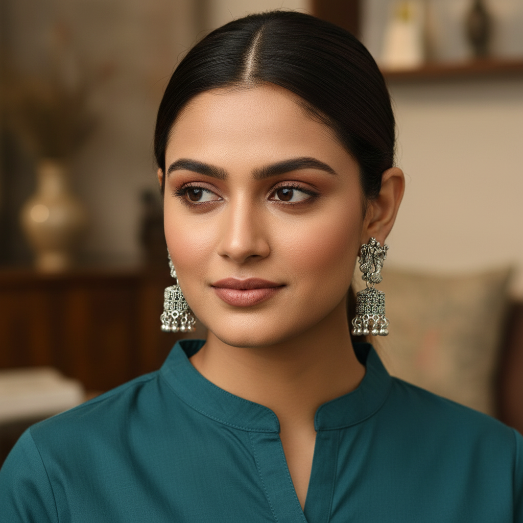 Traditional Oxidised Silver Jhumka Earrings with Ethnic Motif