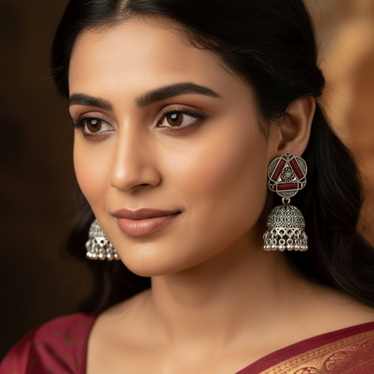 Oxidised Silver Jhumka Earrings with Stone Detailing