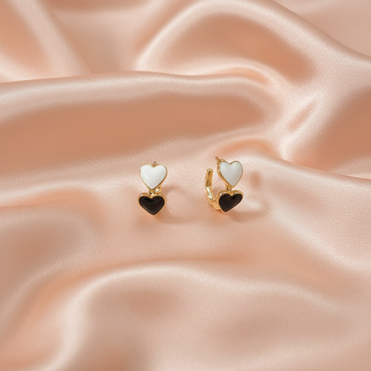 Gold Double Heart Hoop Earrings with Black & White Stone Detailing- Stainless steel
