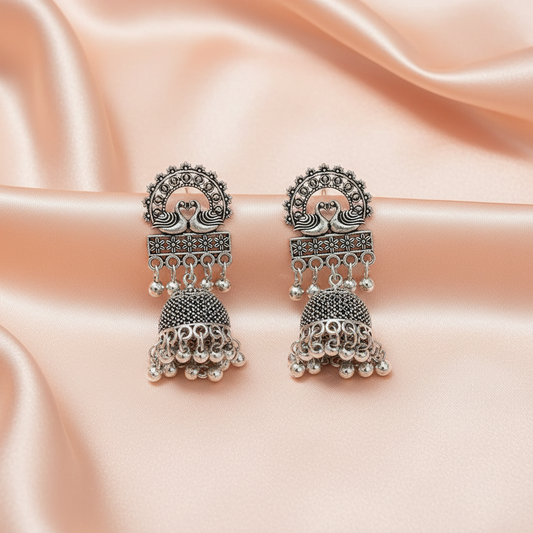 Peacock Oxidised Silver Jhumka Earrings with Intricate Detailing