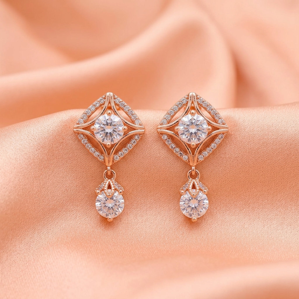 Gold CZ Diamond Drop Earrings – Elegant Statement Design-American Diamond
