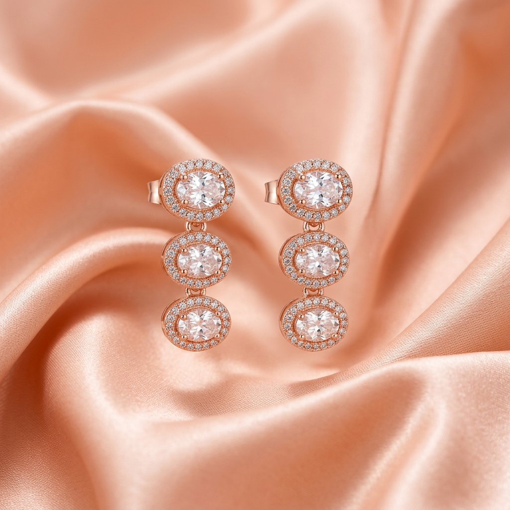 Gold CZ Triple Drop Earrings – Elegant Layered Design-American Diamond