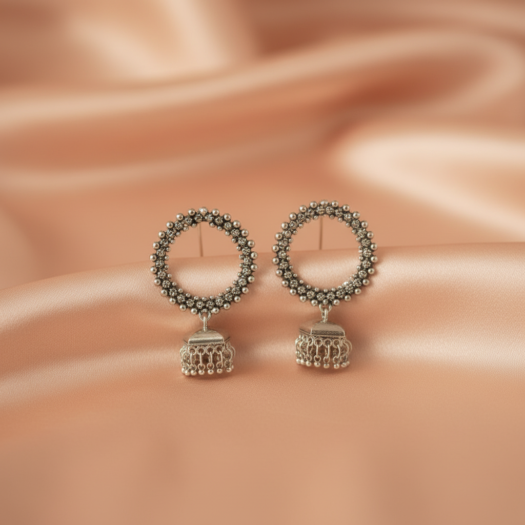 Traditional Silver Beaded Hoop Jhumka Earrings