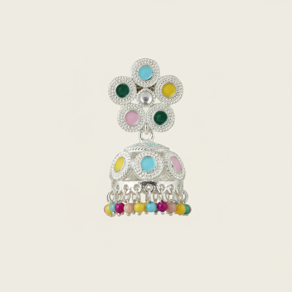 Elegant Pearl & Multicolor Stone Jhumka Earrings- Stainless Steel