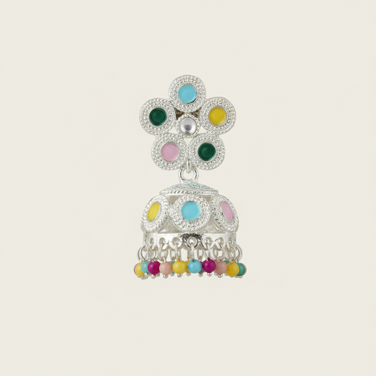 Elegant Pearl & Multicolor Stone Jhumka Earrings- Stainless Steel