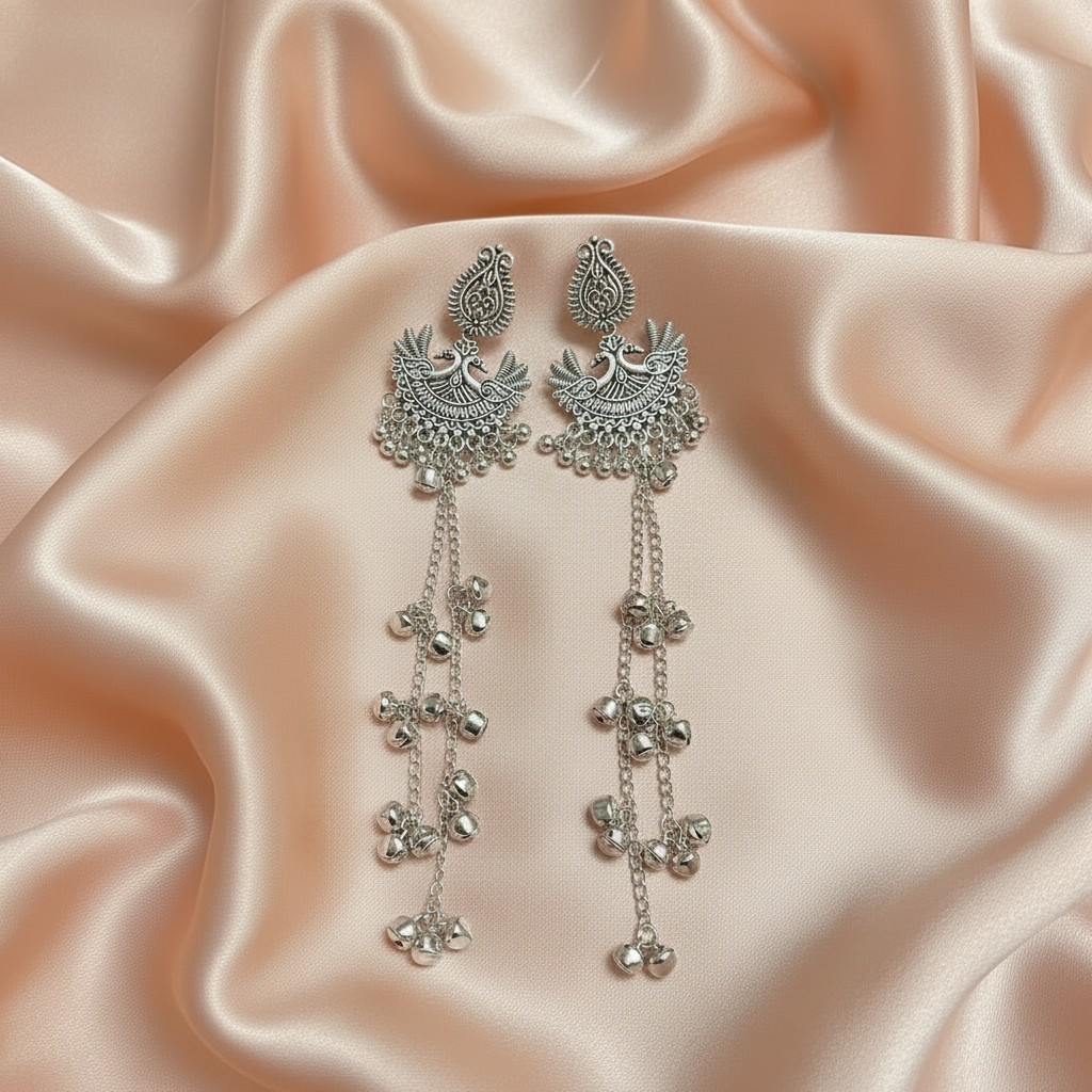 Oxidised Silver Bird Chandbali Earrings with Long Ghungroo Tassels- Stainless Steel