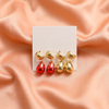 Glossy Gold & Red Teardrop Earrings Set (4 Pairs)
