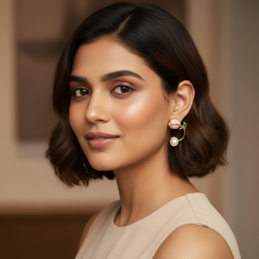 Elegant Pearl & Rose Hoop Earrings – Gold Finish | BME