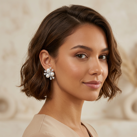 Silver Floral Pearl & Crystal Statement Earrings – Elegant Designer Style