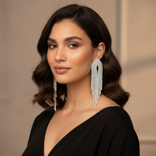 Luxury Crystal Tassel Statement Earrings with Rhinestone Detailing-Stainless steel