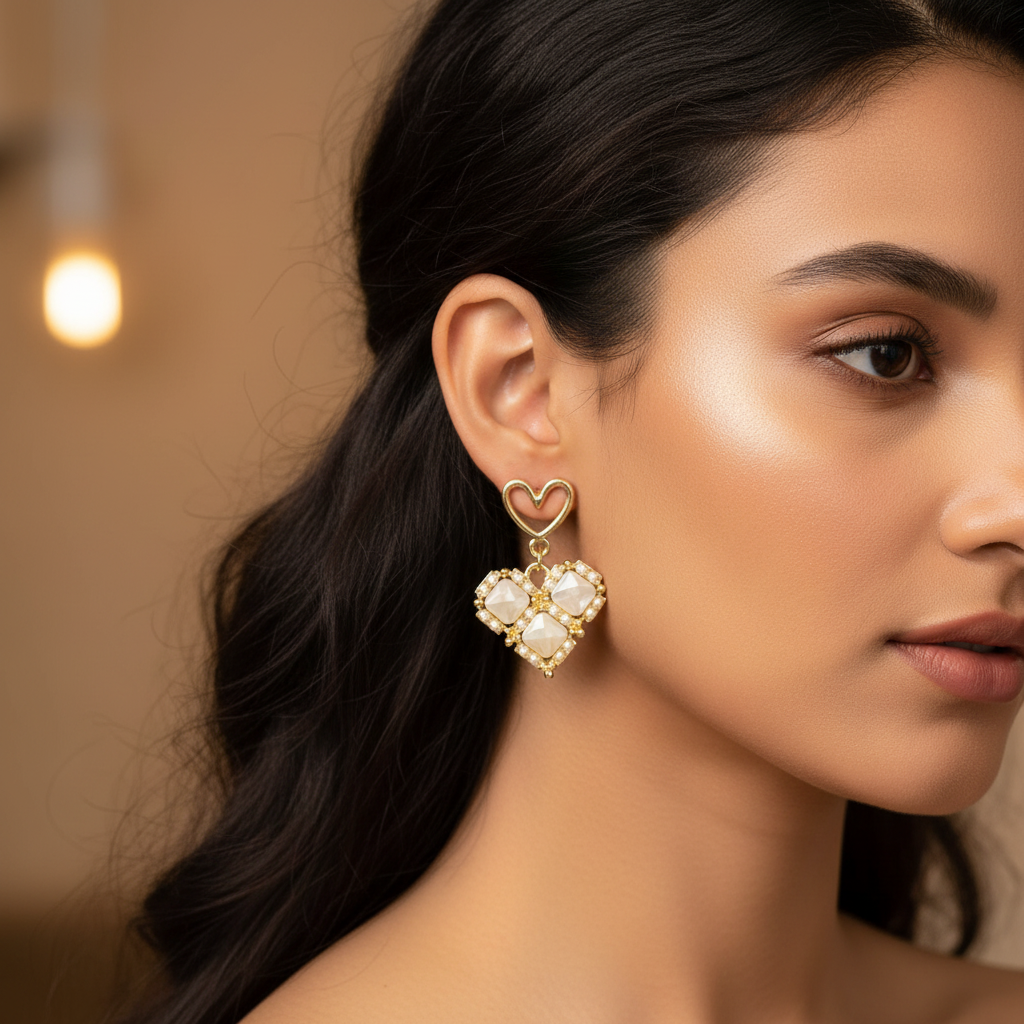 Gold Heart Drop Earrings with Pearl-Studded Crystal Squares