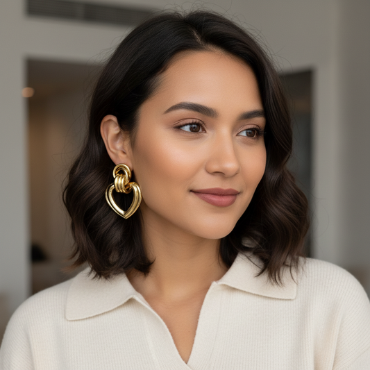 Bold Gold Double Heart Statement Earrings – Chunky Linked Design- Stainless steel