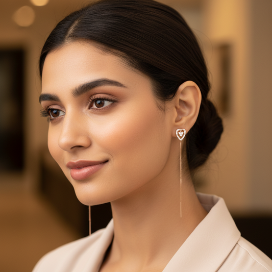 Heart Crystal Threader Earrings for Women – Elegant Long Chain Design- American Diamond