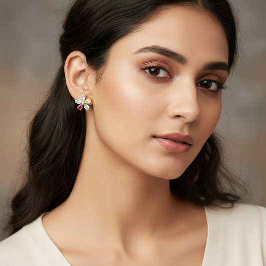 Multicolor Crystal Flower Stud Earrings for Women – Cute Floral Design- American Diamond