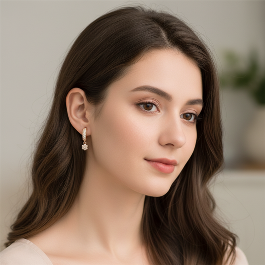 Crystal Huggie Earrings with Floral Charm for Women – Elegant Gold Drop Design- American Diamond