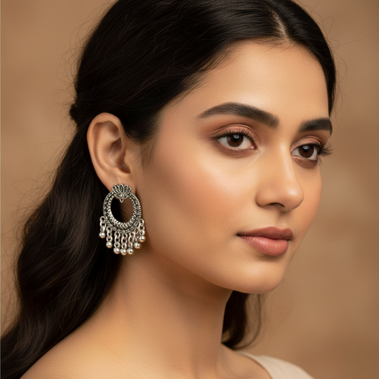 Oxidised Silver Lotus Chandbali Earrings for Women – Traditional Drop Design