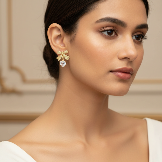 Elegant Bow Heart Drop Earrings for Women – Gold Finish