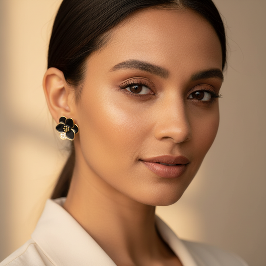 Elegant Black Floral Stud Earrings with Crystal Detailing