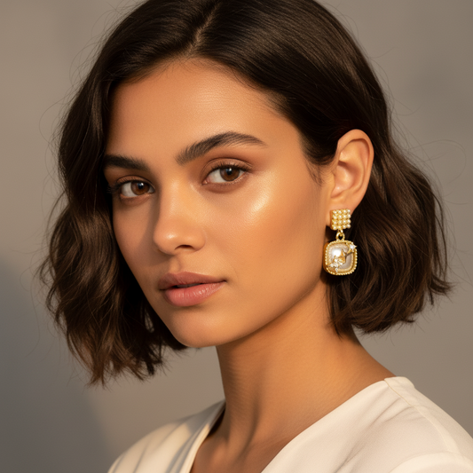 Gold Pearl Square Drop Earrings with Crystal Accent