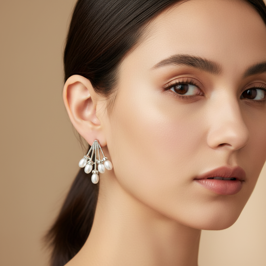 Elegant Pearl Fan Drop Earrings – Silver Finish