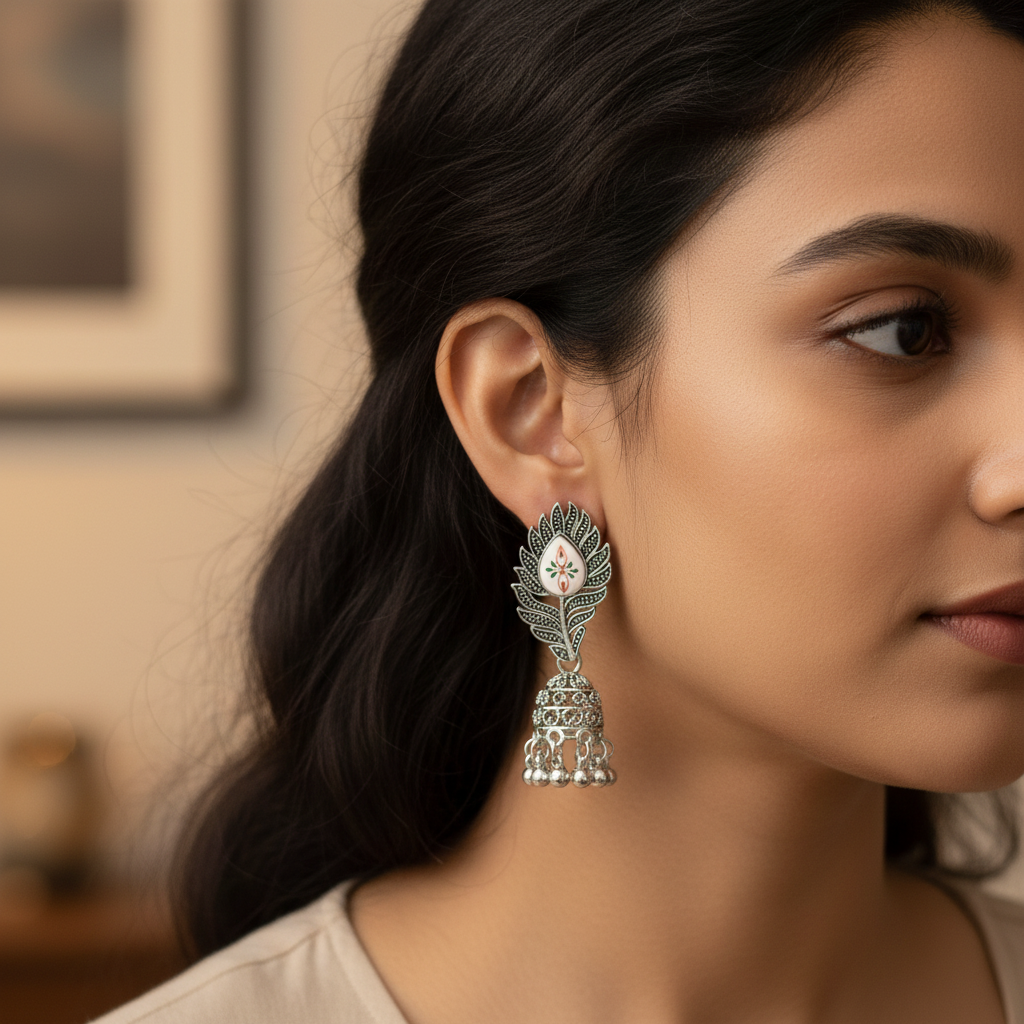 Leaf Motif Oxidised Silver Jhumka Earrings with Enamel Detailing