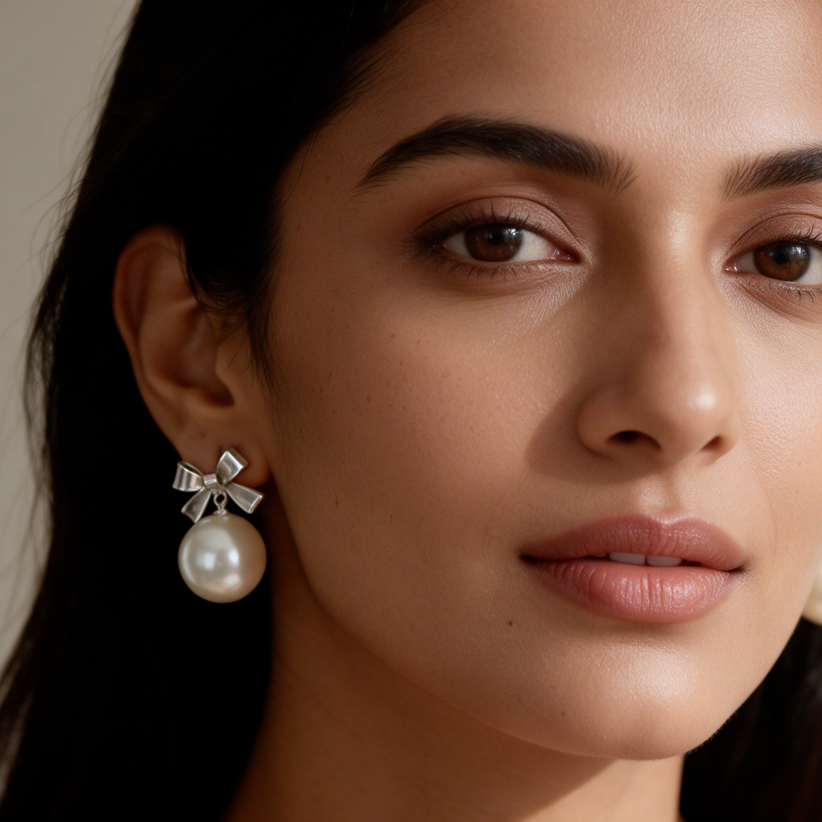 Pearl Bow Drop Stud Earrings