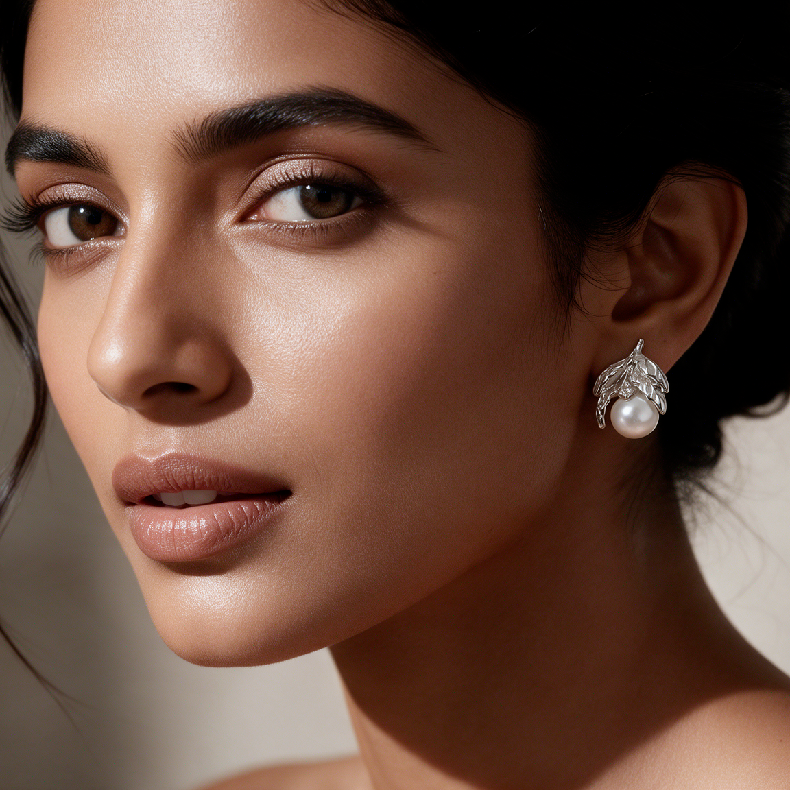 Silver Leaf Pearl Stud Earrings