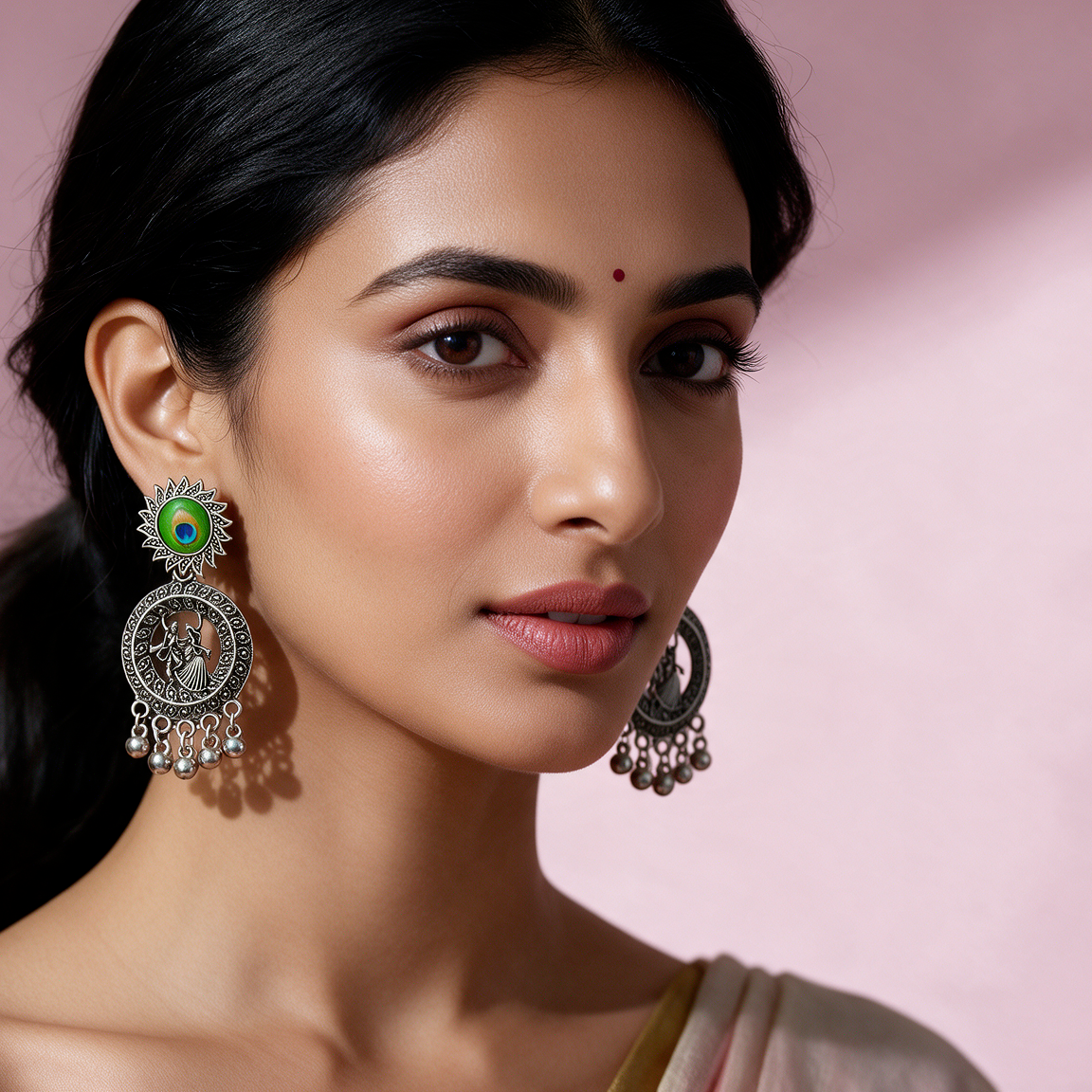 Oxidised Silver Peacock Motif Jhumka Earrings